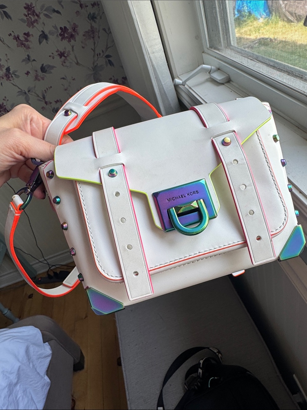 Michael Kors White Satchel with Neon Trim and Iridescent Hardware